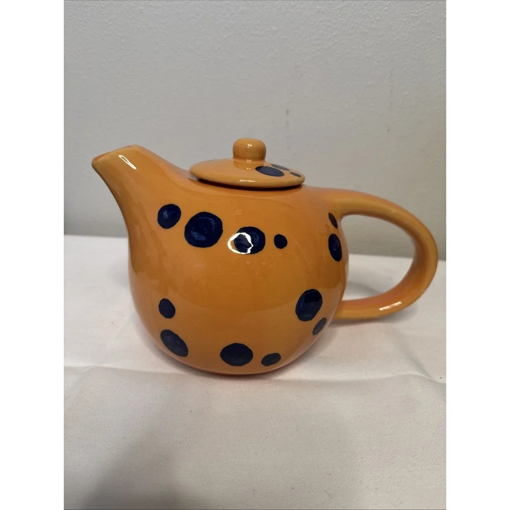 Evandale Hand Painted Ceramic Teapot Orange w Blue Dots w Lid Vintage 70s